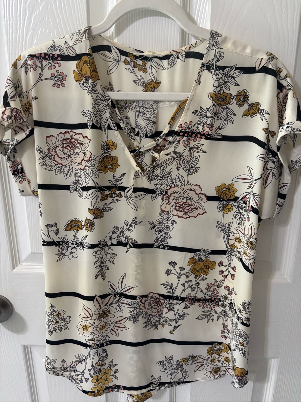 Maurices Cream Floral & Black Stripe V-Neck Blouse